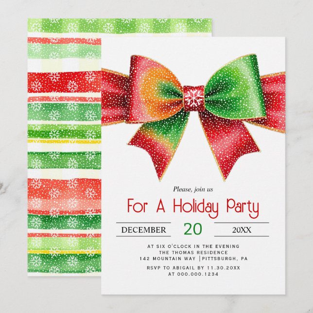 Invitación Gran lazo rojo y verde fiesta de Navidad (Anverso / Reverso)