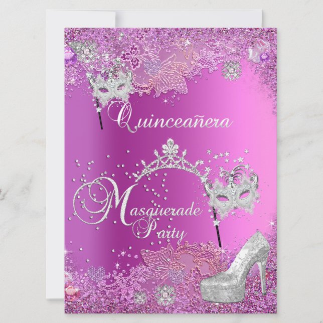 Invitación Gran mascarada Quinceanera 15 Fiesta Rosa Tiara (Anverso)