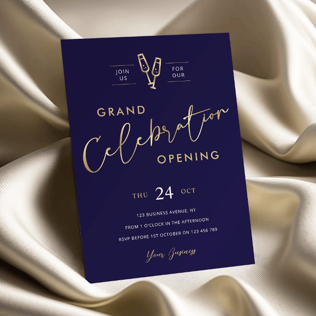 Invitación Gran Moda de apertura de negocios Marina Blue & Fa (Elegant navy and faux gold business grand opening invitation)