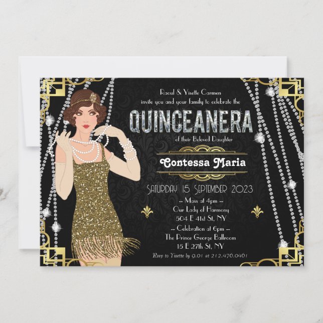 Invitación Gran Muchacha Flapper de Gatsby Quinceañera (Anverso)