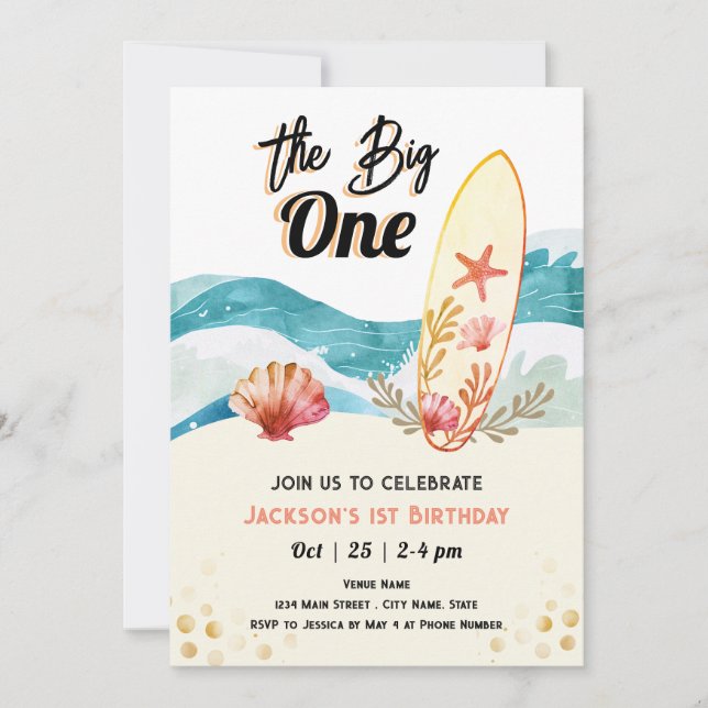 Invitación Gran naranja de primer cumpleaños de Surfing (Anverso)