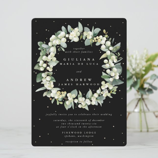 Invitación Gran Nevada Negra + Boda de la guirnalda Eucalyptu (Anverso de pie)