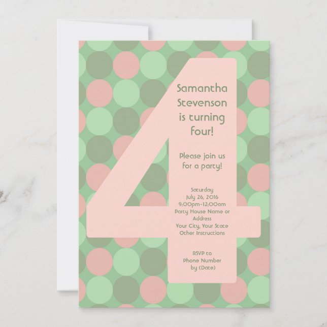 Invitación Gran número4 Chica cuarto Fiesta de cumpleaños (Anverso)