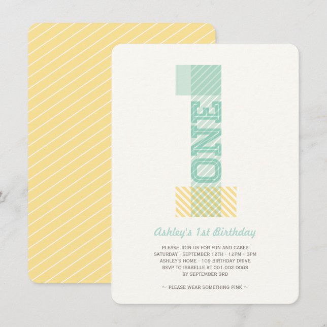 Invitación Gran Número 1 Rayas Bebé Neutral 1er Cumpleaños (Anverso / Reverso)