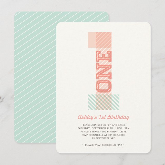 Invitación Gran Número 1 Rayas Cumpleaños Bebé Niña 1er Cumpl (Anverso / Reverso)