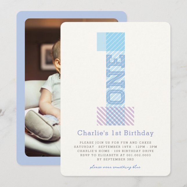 Invitación Gran Número 1 Rayas Niño Cumpleaños 1 (Anverso / Reverso)