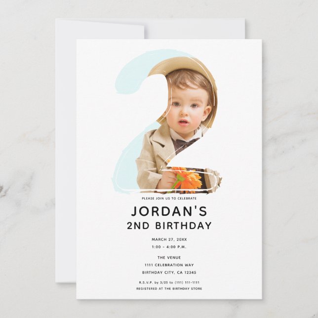 Invitación Gran Número 2 DOS Foto Segundo Cumpleaños 2º Fiest (Anverso)