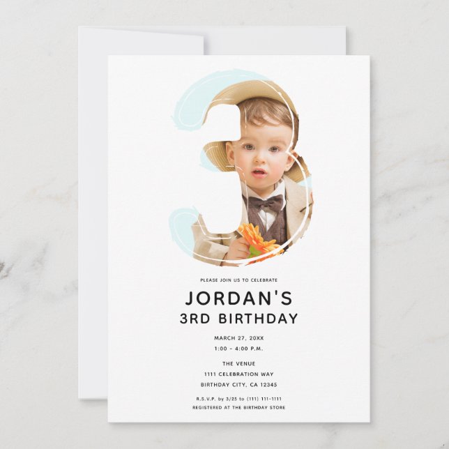 Invitación Gran Número 3 TRES Foto Tercer Cumpleaños 3 (Anverso)