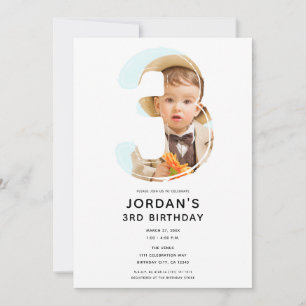 Invitación Gran Número 3 TRES Foto Tercero 3er Cumpleaños
