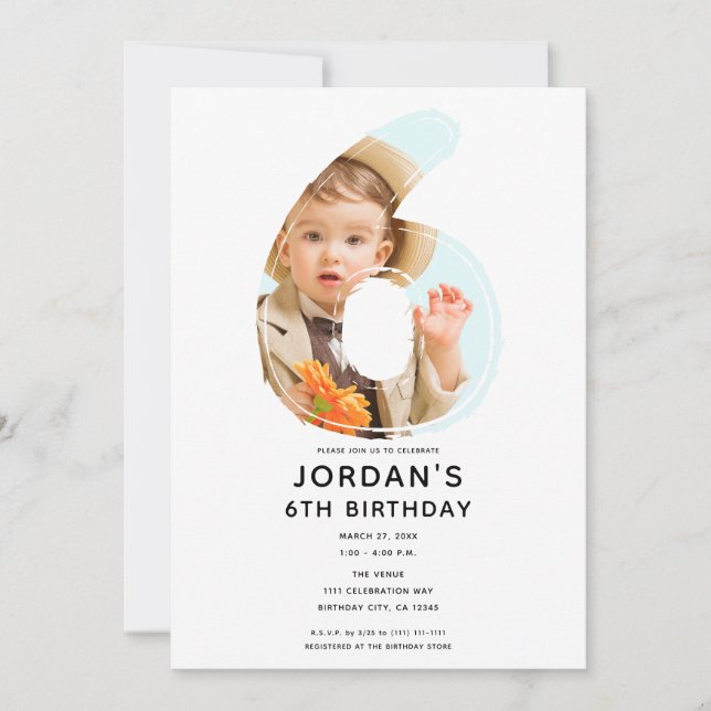 Invitación Gran Número 6 SEIS Foto Sexto Cumpleaños 6 (Anverso)