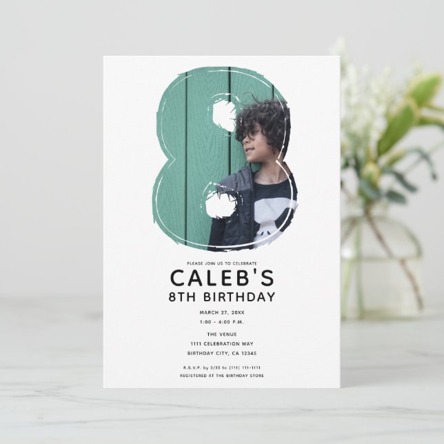 Invitación Gran Número 8 Ocho Foto Fiesta de Cumpleaños 8 (Anverso de pie)