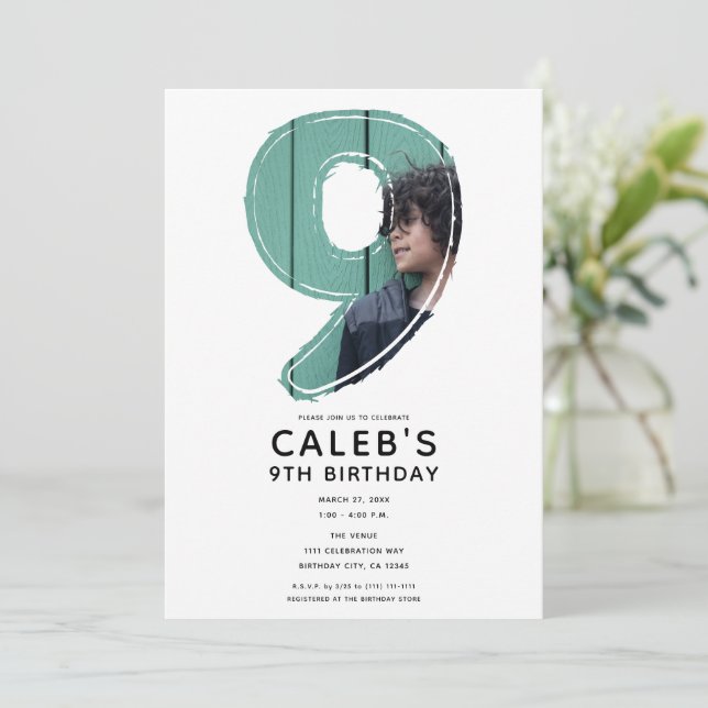 Invitación Gran Número 9 Nueve Foto Cumpleaños 9 (Anverso de pie)