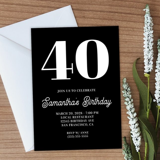 Invitación Gran número blanco y negro 40 cumpleaños (Create your own bold number birthday invitation.)