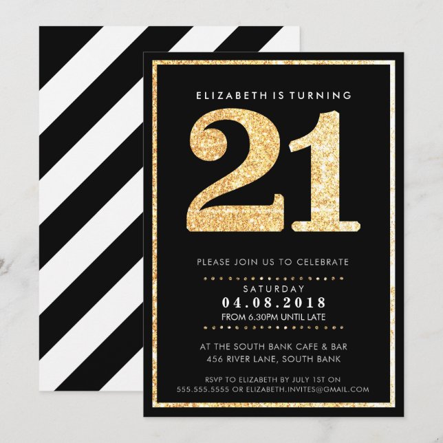 Invitación GRAN NÚMERO DE EDAD INVITA A 21 purpurinas de oro  (Anverso / Reverso)