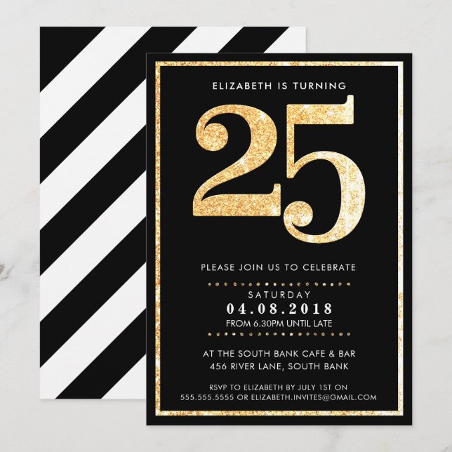 Invitación GRAN NÚMERO DE EDAD INVITA A 25 purpurinas de oro  (Anverso / Reverso)