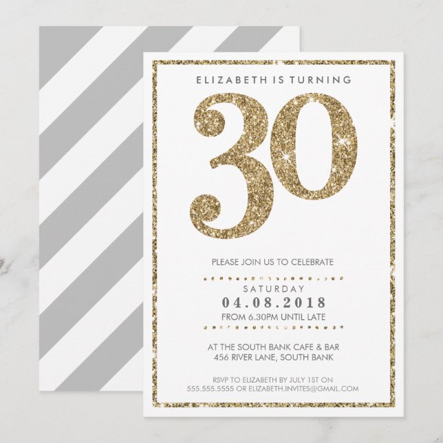 Invitación GRAN NÚMERO DE EDAD INVITA A 30 purpurinas de oro  (Anverso / Reverso)