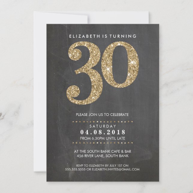 Invitación GRAN NÚMERO DE EDAD INVITA A 30 purpurinas de oro  (Anverso)