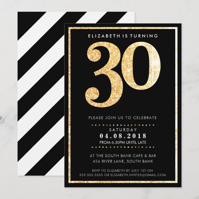 Invitación GRAN NÚMERO DE EDAD INVITA A 30 purpurinas de oro  (Anverso / Reverso)