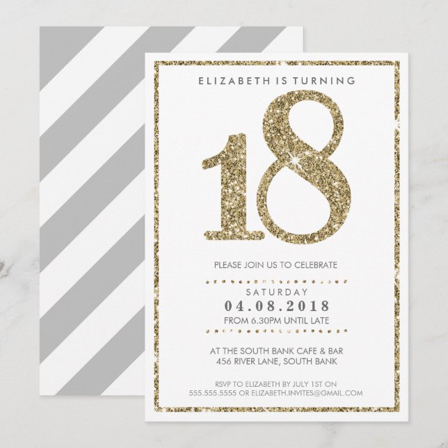 Invitación GRAN NÚMERO DE EDAD INVITA A purpurina de oro mode (Anverso / Reverso)