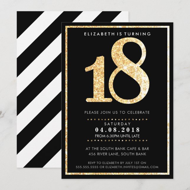 Invitación GRAN NÚMERO DE EDAD INVITA A purpurina de oro mode (Anverso / Reverso)
