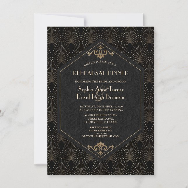 Invitación Gran oro real Gatsby Art Deco Ensayo Cena (Anverso)