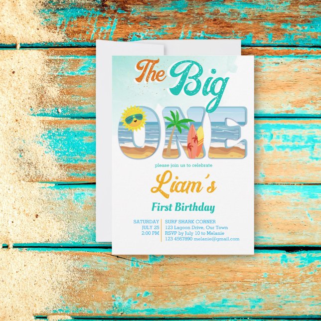 Invitación Gran playa de surf de verano (The Big One Surfing beach first birthday party invitation template instant download surf boards sun)