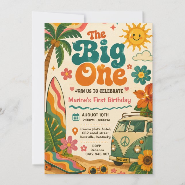 Invitación Gran Primera Fiesta de Cumpleaños Retro Surf (Anverso)