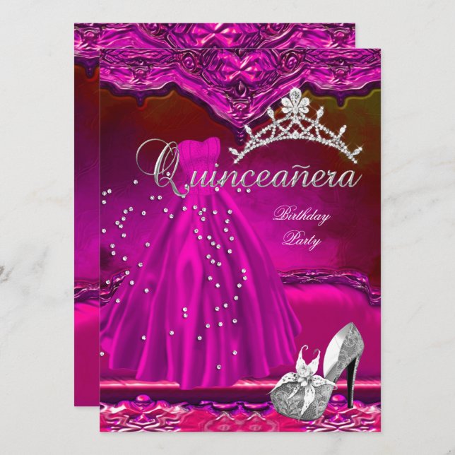 Invitación Gran Quinceanera Vestido Rosa de Cumpleaños 15 (Anverso / Reverso)