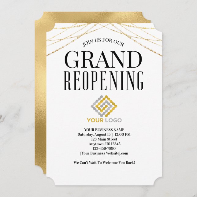 Invitación Gran reapertura comercial Faux Gold (Anverso / Reverso)