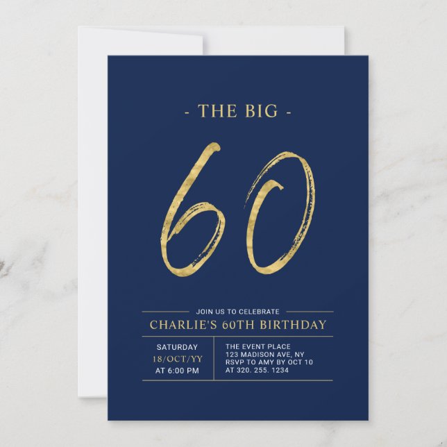 Invitación Gran Sesenta | Fiesta de cumpleaños 60 dorado y az (Anverso)