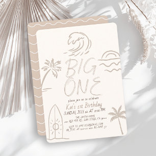 Invitación Gran Tabla de Surf Garabato Beige Cumpleaños 1