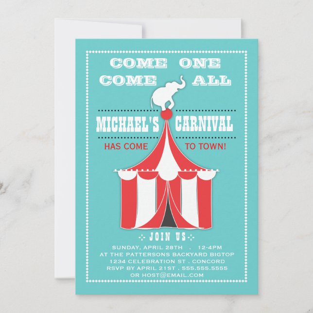 Invitación Gran Top Carnival Birday Party Turquoise | Rojo (Anverso)