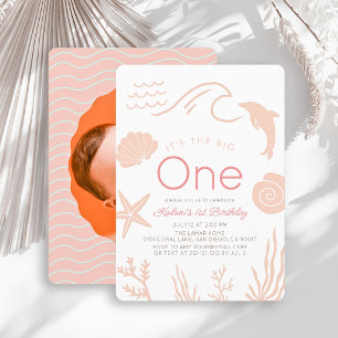 Invitación Gran Uno Ola Rosa Chica Foto Cumpleaños 1º