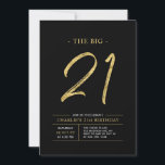 Invitación Gran Veintiuno | Fiesta de cumpleaños 21 dorado y<br><div class="desc">Celebra tu día especial con esta sencilla y elegante invitación de cumpleaños 21. Este diseño presenta un "El Gran 21" con escritura a pincel con un diseño limpio en una combinación de colores negro y dorado. Más diseños y suministros para fiestas están disponibles en mi tienda BaraBomDesign.</div>