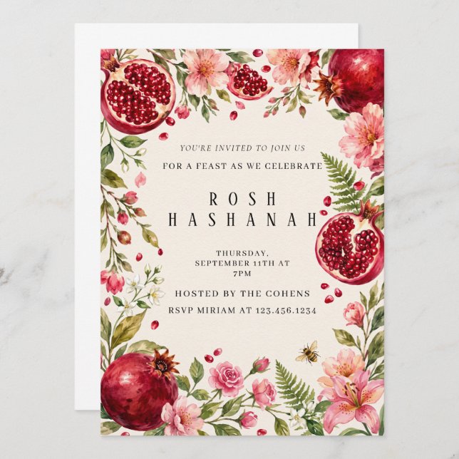 Invitación Granadas Acuarela Rosh Hashaná (Anverso / Reverso)