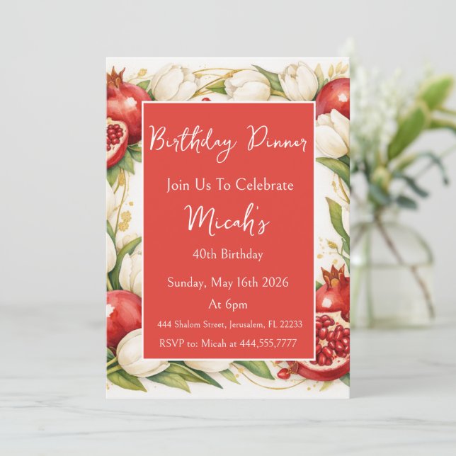 Invitación Granadas Tulipanes Acuarela Rojo Blanco Moderno  (Anverso de pie)