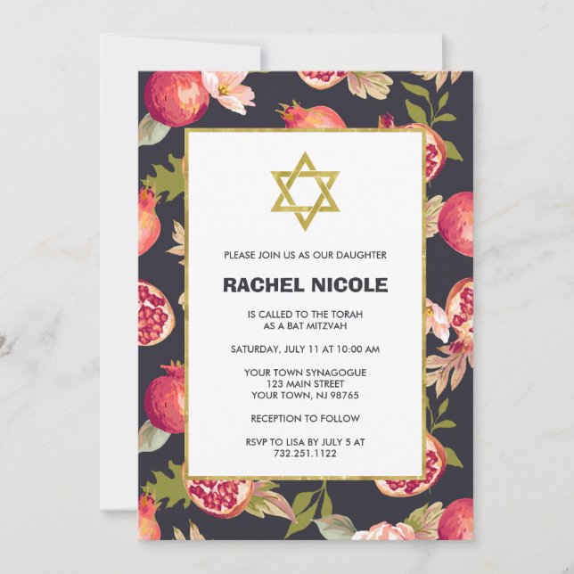 Invitación Granadas y flores con Mitzvah de oro (Anverso)