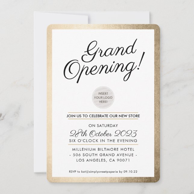 Invitación GRAND OPENING FIESTA oro de negocios moderno (Anverso)