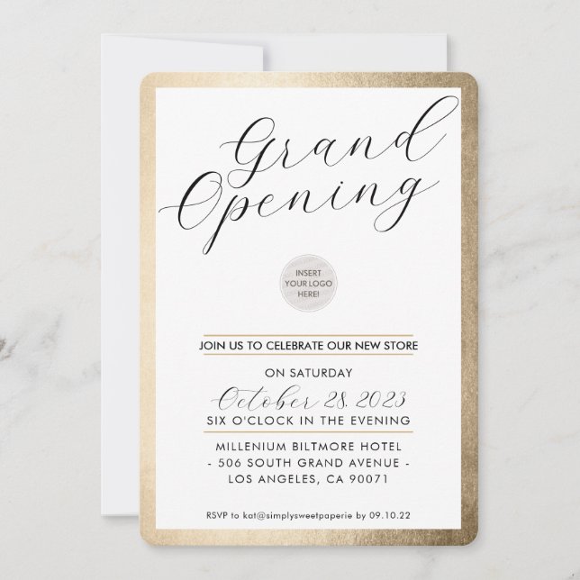 Invitación GRAND OPENING moderno calligraphy business gold (Anverso)