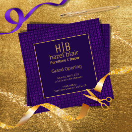 Invitación Grand Opening Purple and Gold Monogramed Business