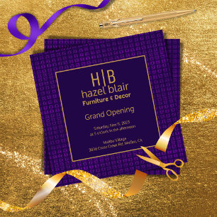 Invitación Grand Opening Purple and Gold Monogramed Business