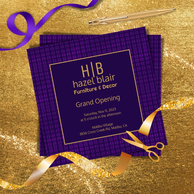 Invitación Grand Opening Purple and Gold Monogramed Business (Subido por el creador)
