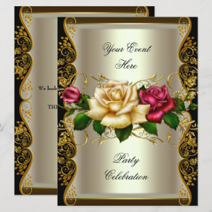 Invitación GRANDE Flores Rosas Negras Doradas Crema para cual