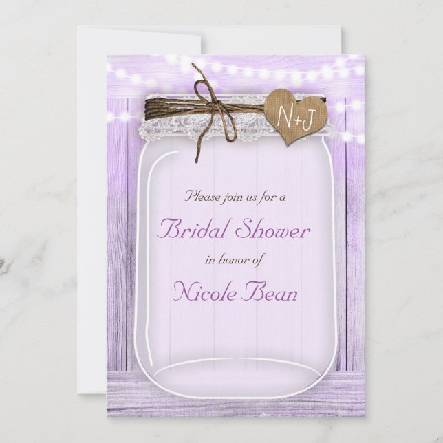Invitación Grande Mason Jar & Lights Lavender Purple Rustic (Anverso)