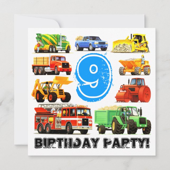 Invitación Grandes Camiones Novena Fiesta de Cumpleaños (Anverso)