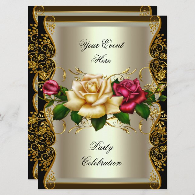 Invitación GRANDES Fiestas de eventos Cream Gold Black Rosas (Anverso / Reverso)