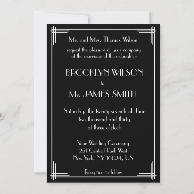 Invitación Grandes Gatsby Blanco Negro Invitan a una boda Art (Anverso)