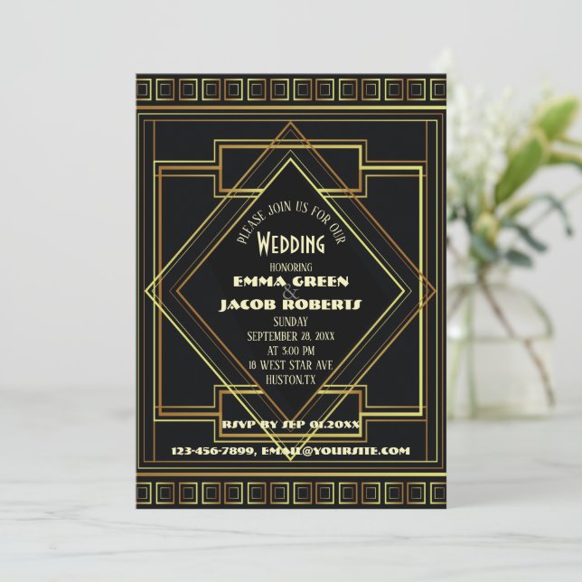 Invitación Grandes gatsby negro de oro geométrico por boda Ar (Anverso de pie)