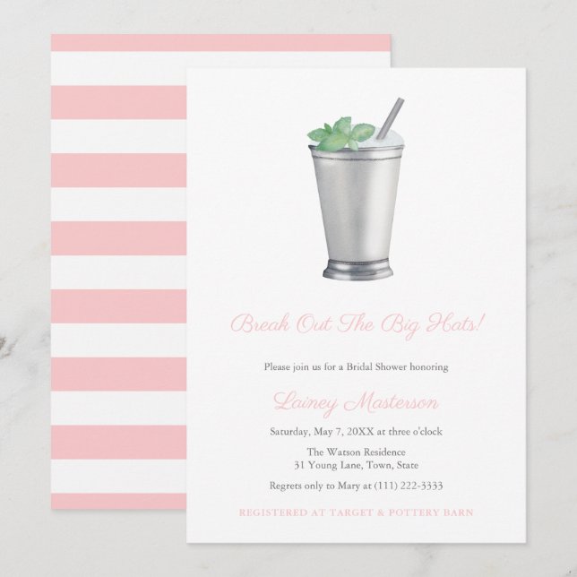 Invitación Grandes Gorras Pink White Mint Julep Derby Bridal  (Anverso / Reverso)