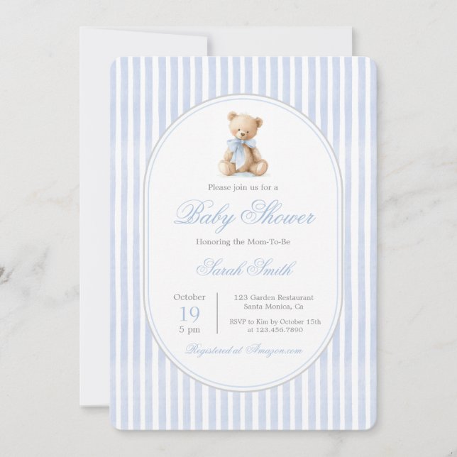 Invitación Grandmillennial Bear Baby Shower Boy (Anverso)